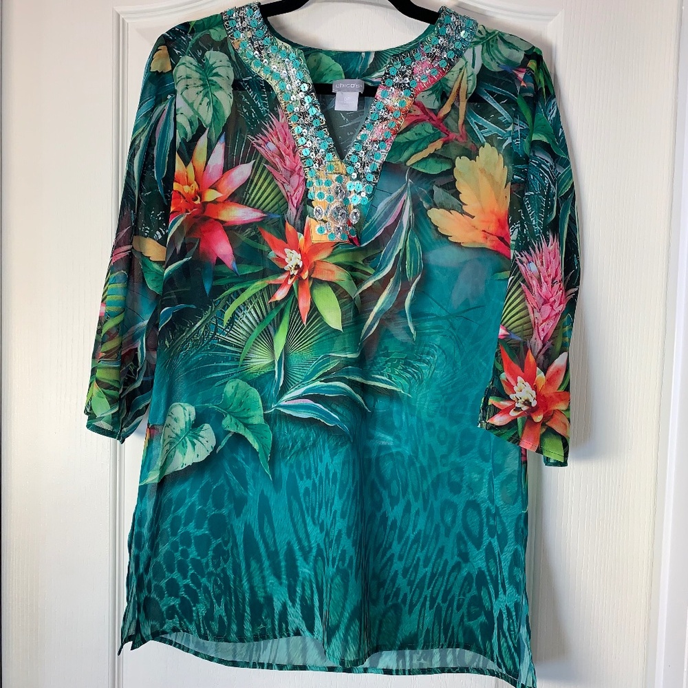 Chico’s Tropical Resort Blouse Embellished V-Neck Sheer‎ Tunic 3/4 Sleeve